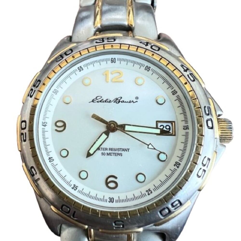 Men’s Eddie Bauer Sports Two Tone Wristwatch New Battery Gold/Silver - Picture 2 of 5